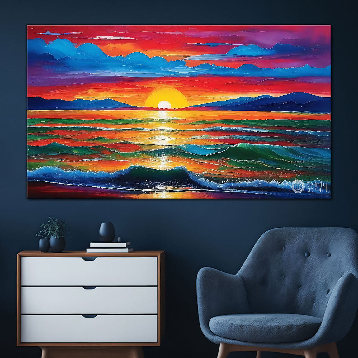 Sunset view with sea in colorful textured painting Canvas Painting - Nature Art -87