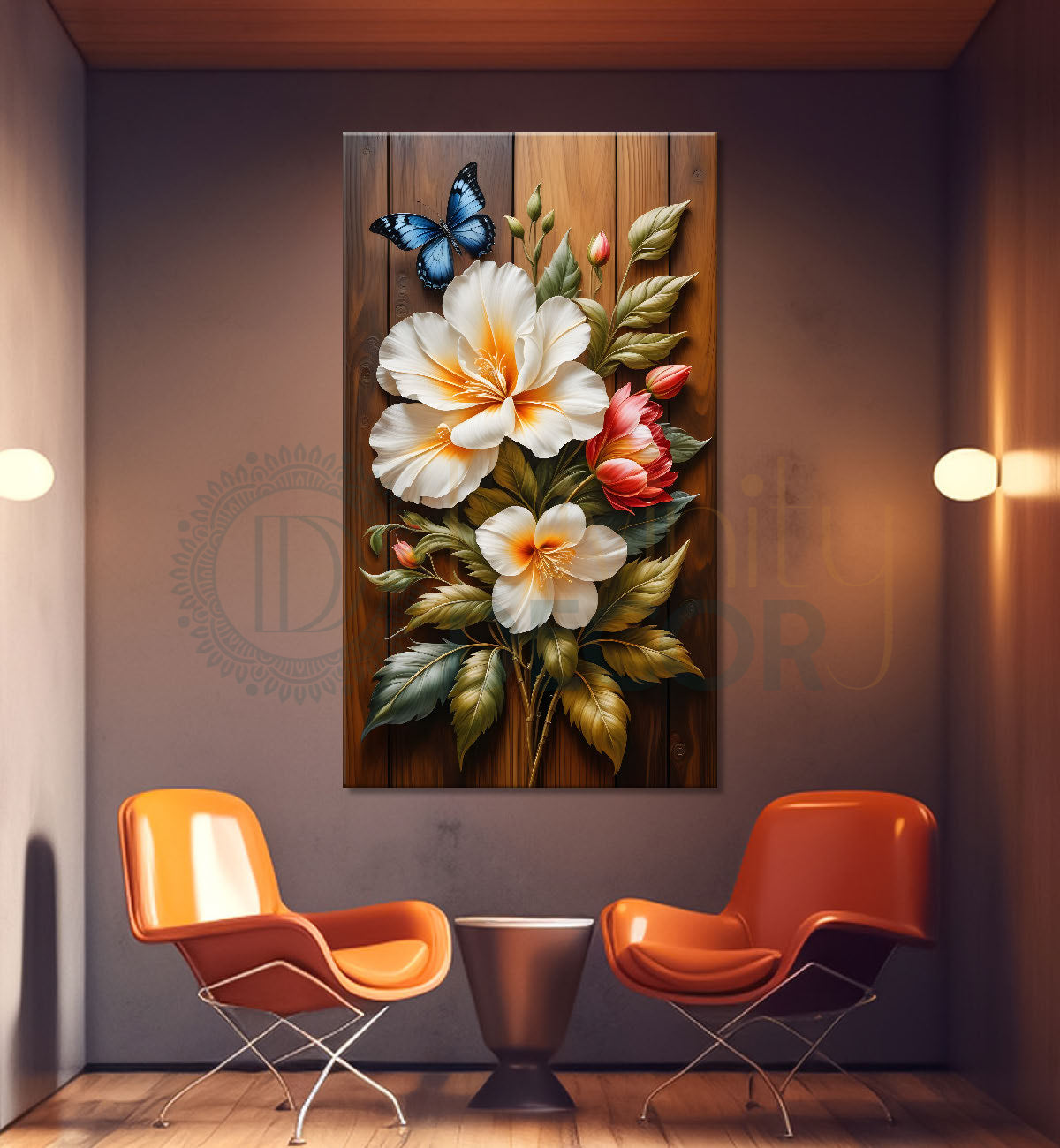 White flowers in light brown textured painting - Flower-V-87