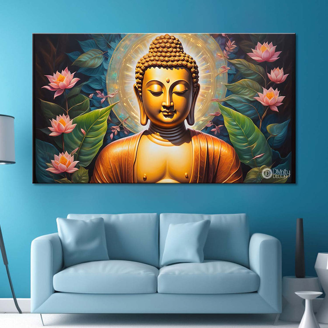 Golden buddha with lotus textured painting Canvas Wall Painting - Buddha-87