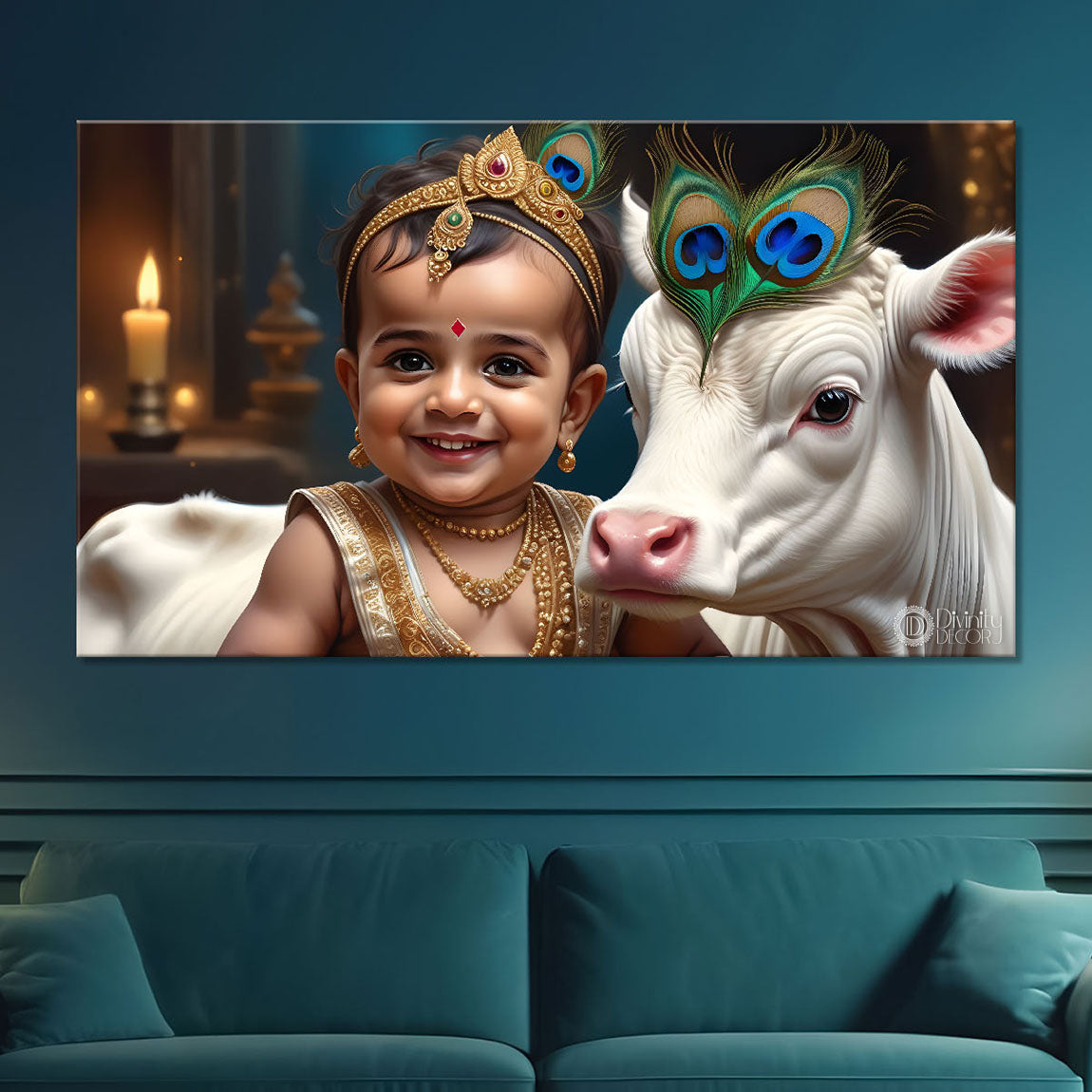 Little Krishna with baby cow painting Canvas Painting - Design - Krishna-88