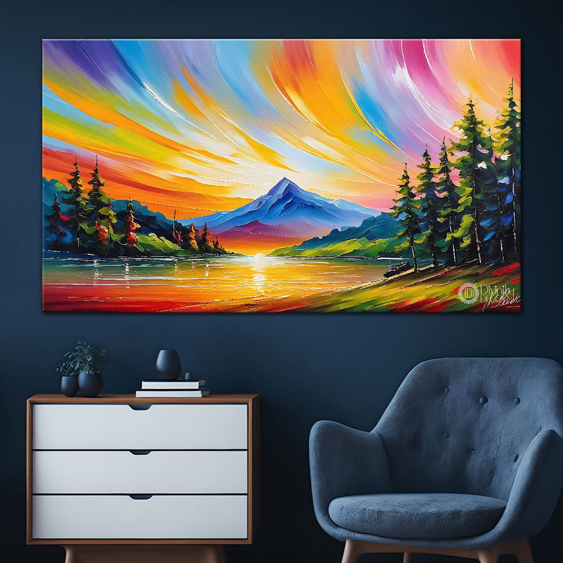 Mountains with trees and colorful sky textured painting Canvas Painting - Nature Art -88