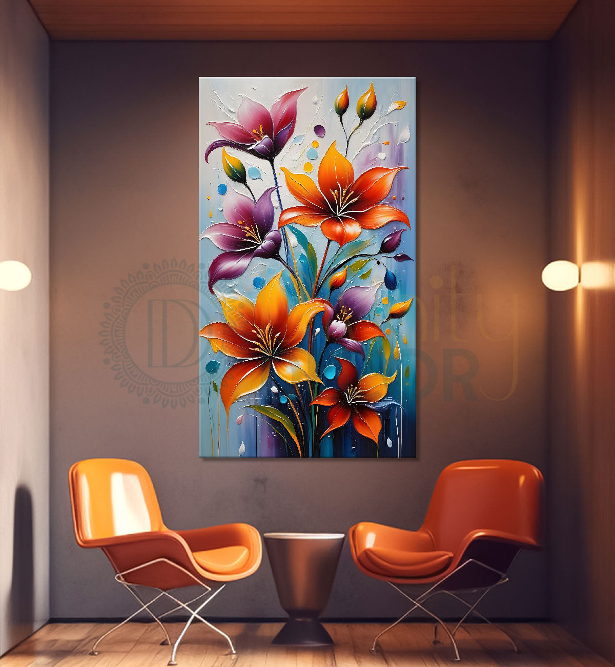 Colourful flowers in light blue textured painting - Flower-V-88
