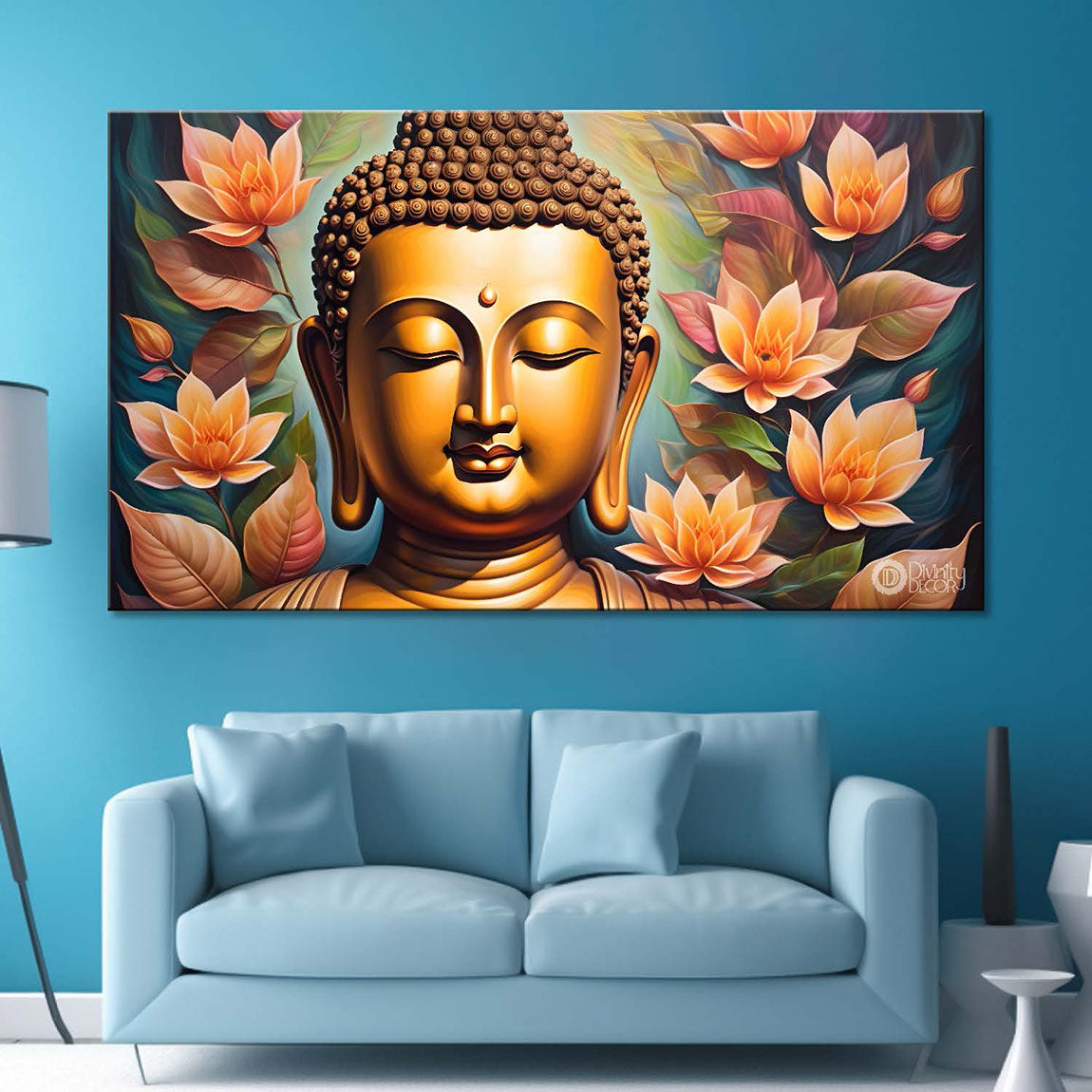 Golden buddha with lotus textured painting Canvas Wall Painting - Buddha-88