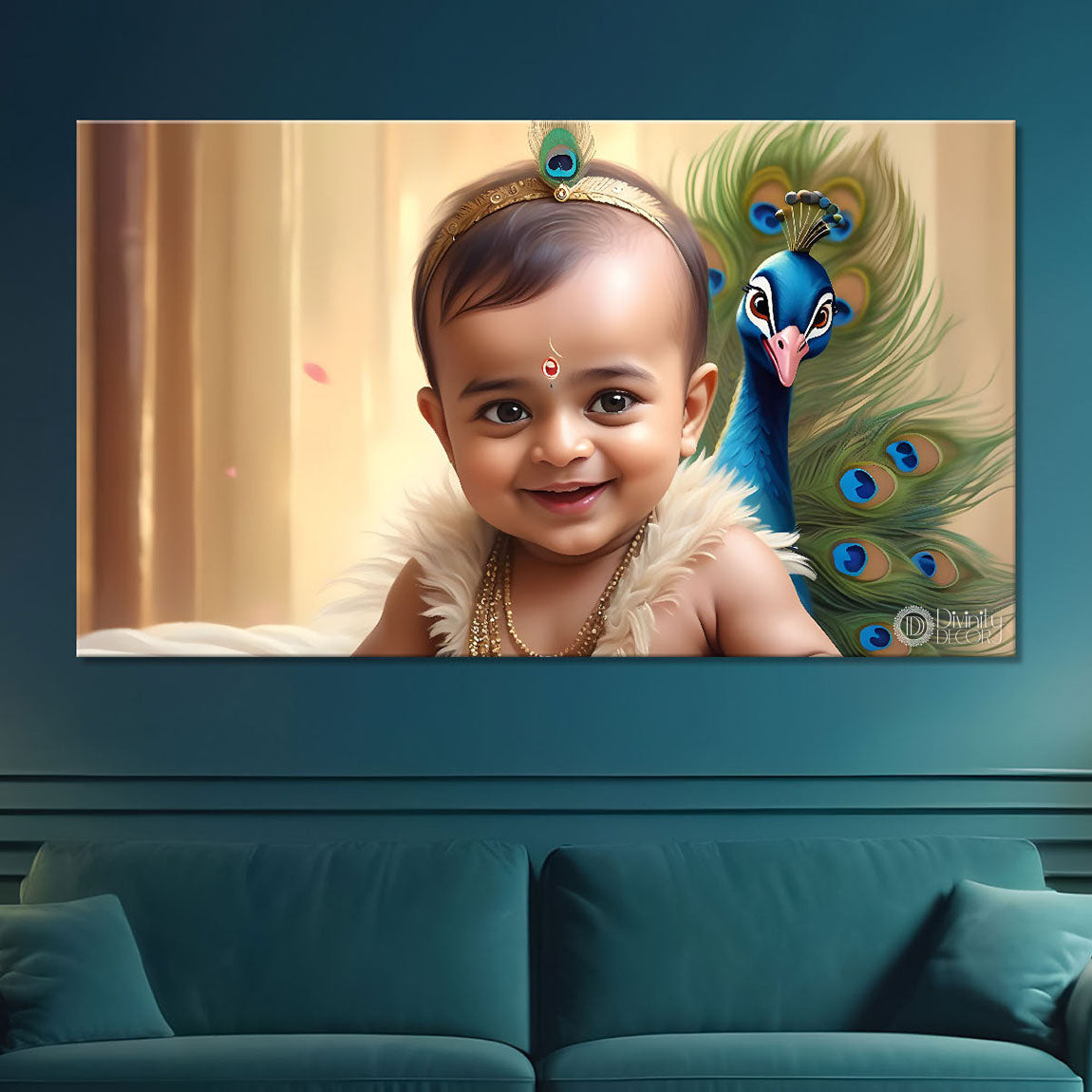 Little Krishna with peacock painting Canvas Painting - Design - Krishna-89