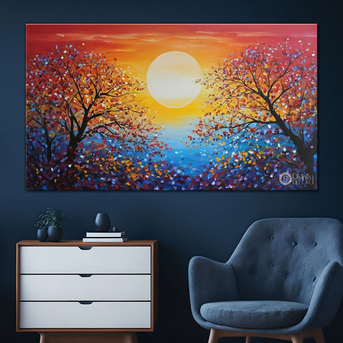 Trees with sunrise textured painting Canvas Painting - Nature Art -89