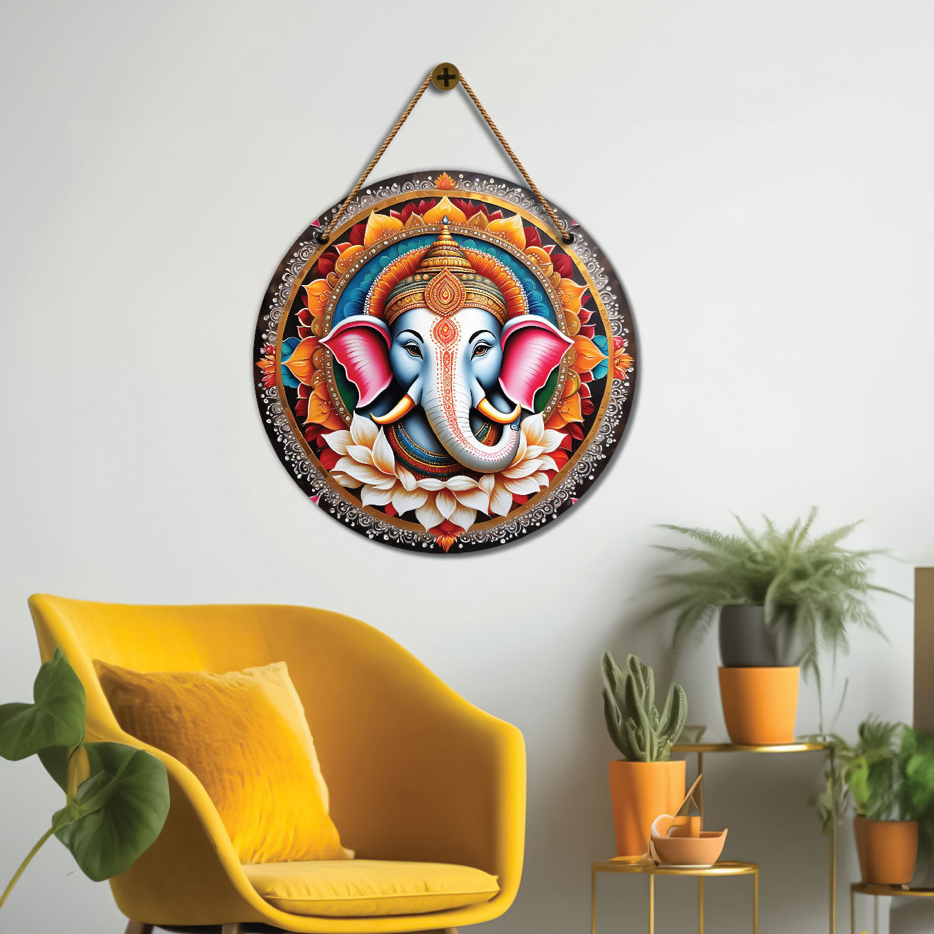 Ganesh Ji in blue and golden mandala Round Wooden Wall Hanging for wall Décor - Design - 89