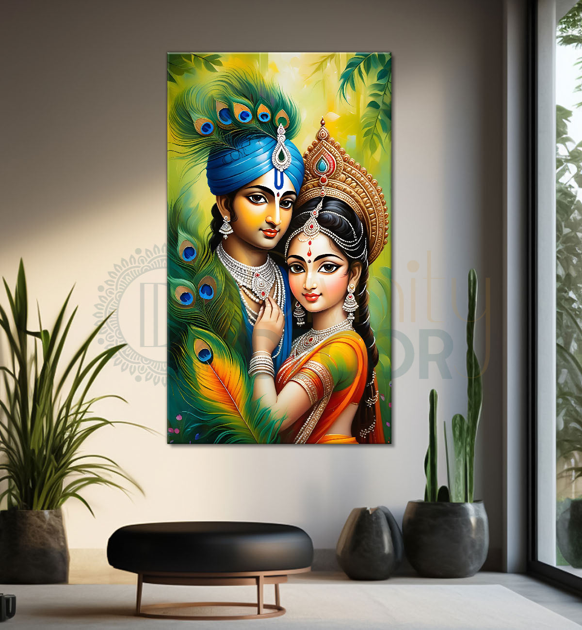 Krishna with radha in peacock feathers background textured art Canvas Painting - Design - Krishna-V-8