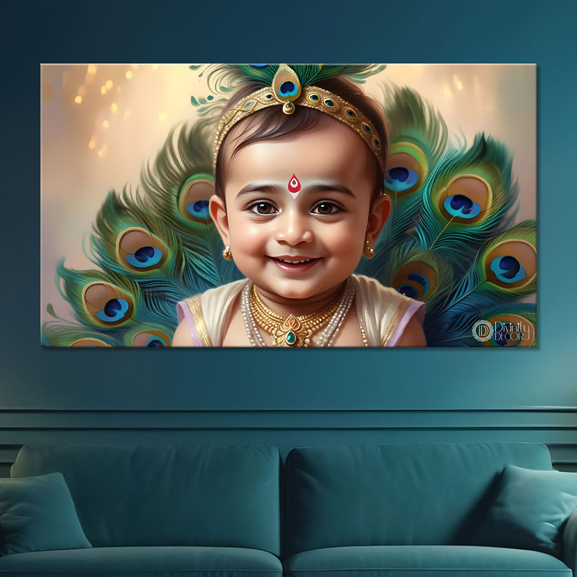 Little Krishna with peacock feathers painting Canvas Painting - Design - Krishna-90