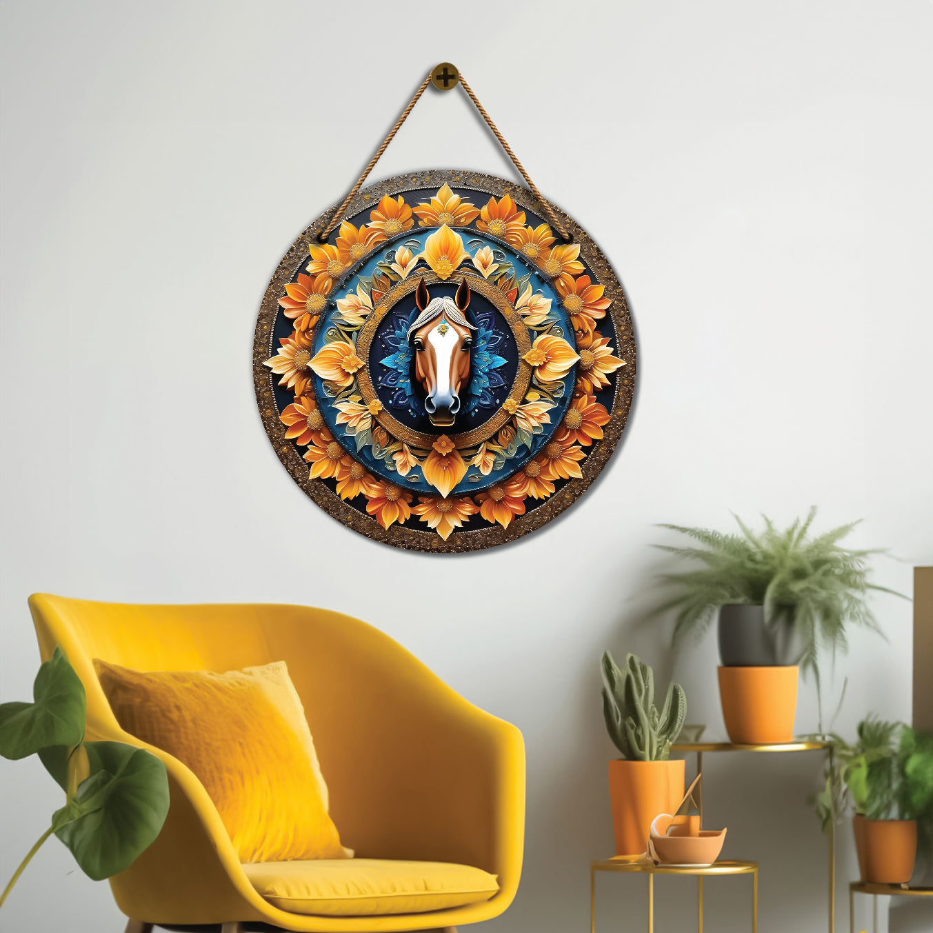 Horse in floral and blue mandala Round Wooden Wall Hanging for wall Décor - Design - 90