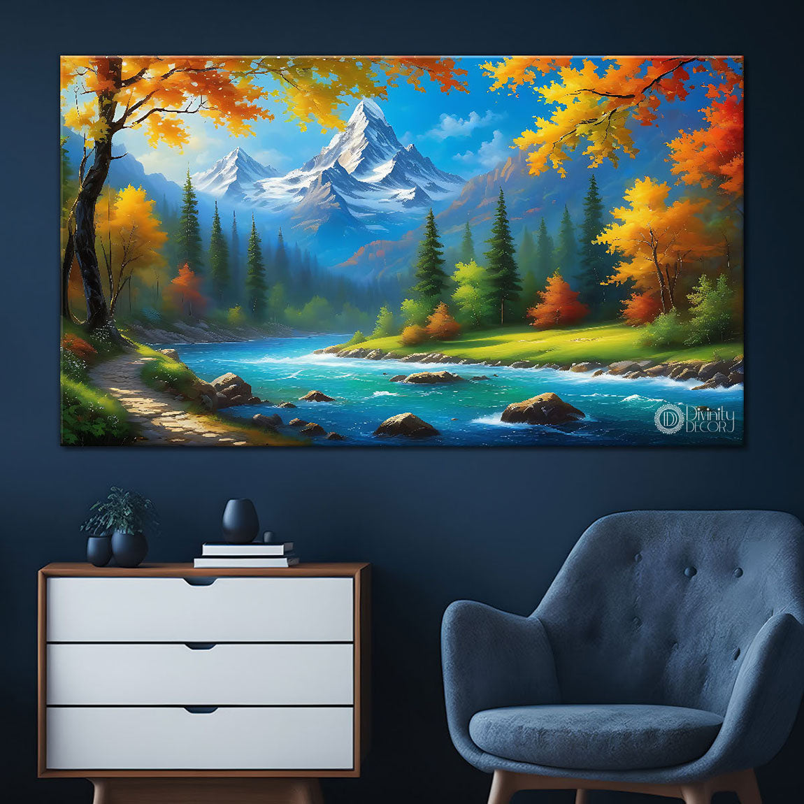 Mountains with trees and lake in textured painting Canvas Painting - Nature Art -90
