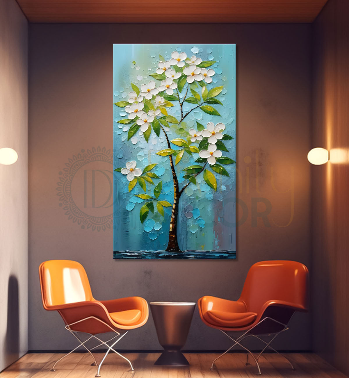 White flowers in blue textured background painting - Flower-V-90