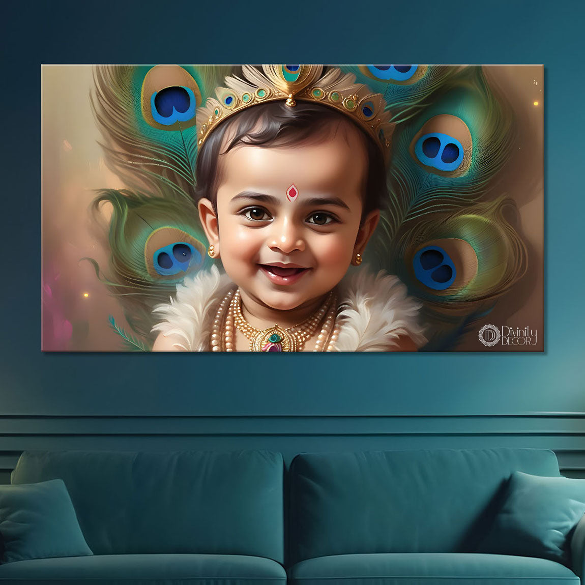 Little Krishna with peacock feathers painting Canvas Painting - Design - Krishna-91