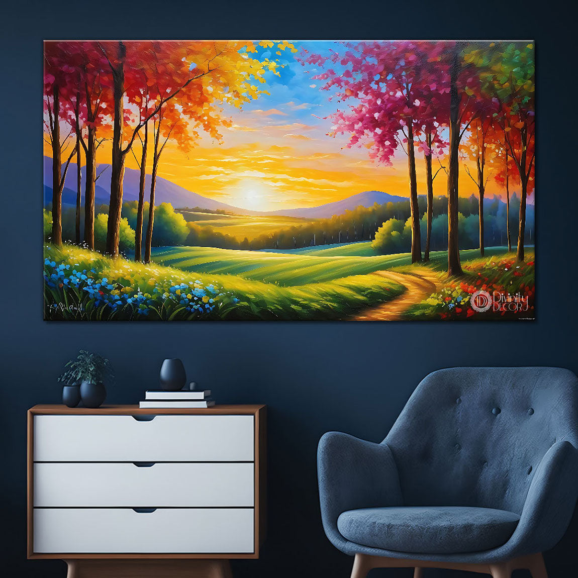 Colorful trees with grass and mountains textured painting Canvas Painting - Nature Art -91