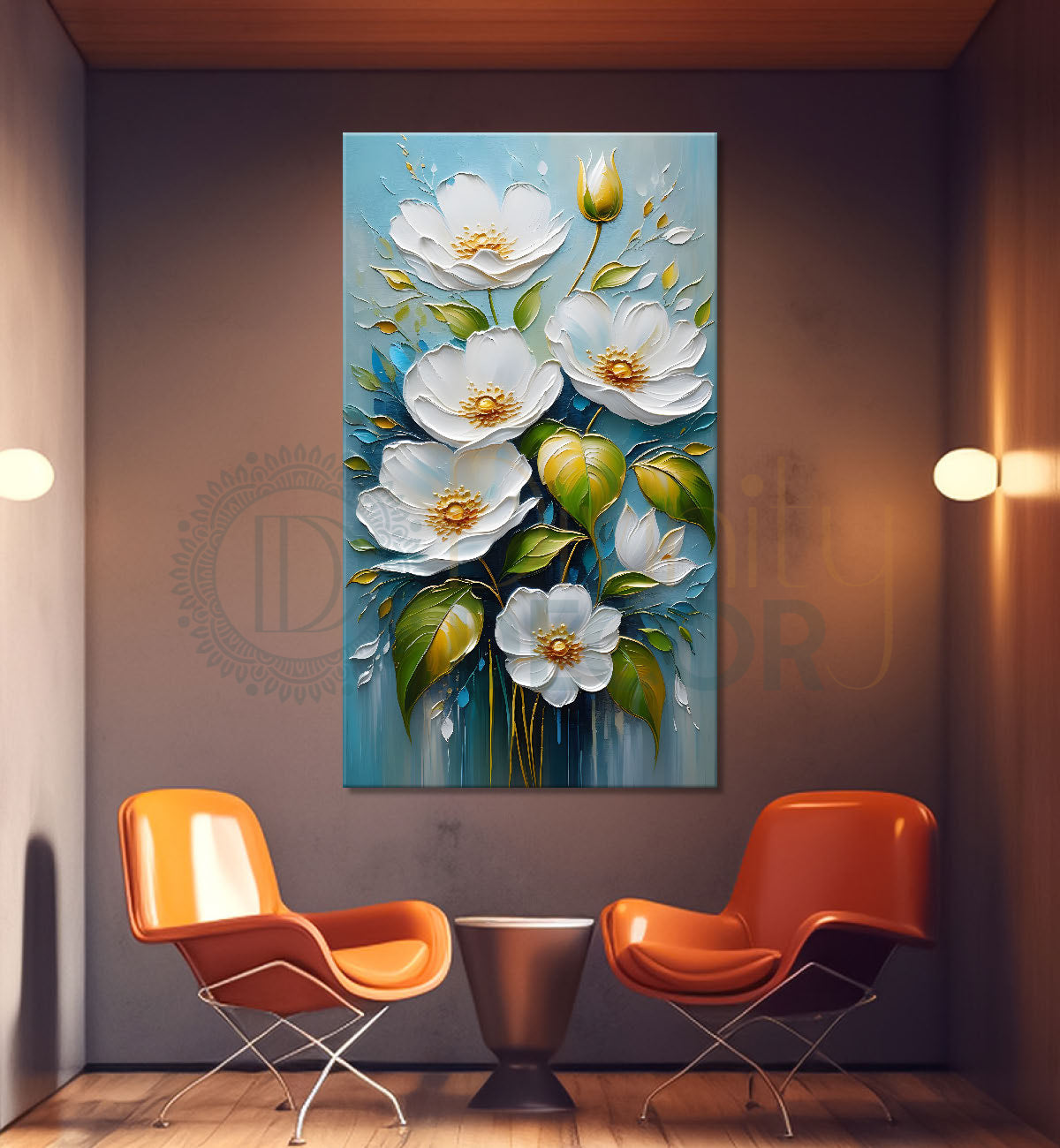 White flowers in blue textured background painting - Flower-V-91