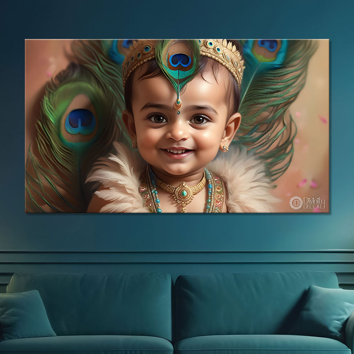 Little Krishna with peacock feathers painting Canvas Painting - Design - Krishna-92