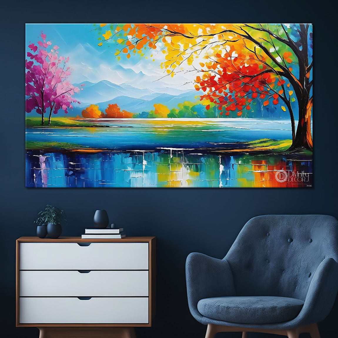 Colorful tree with mountains and lake in textured painting Canvas Painting - Nature Art -92