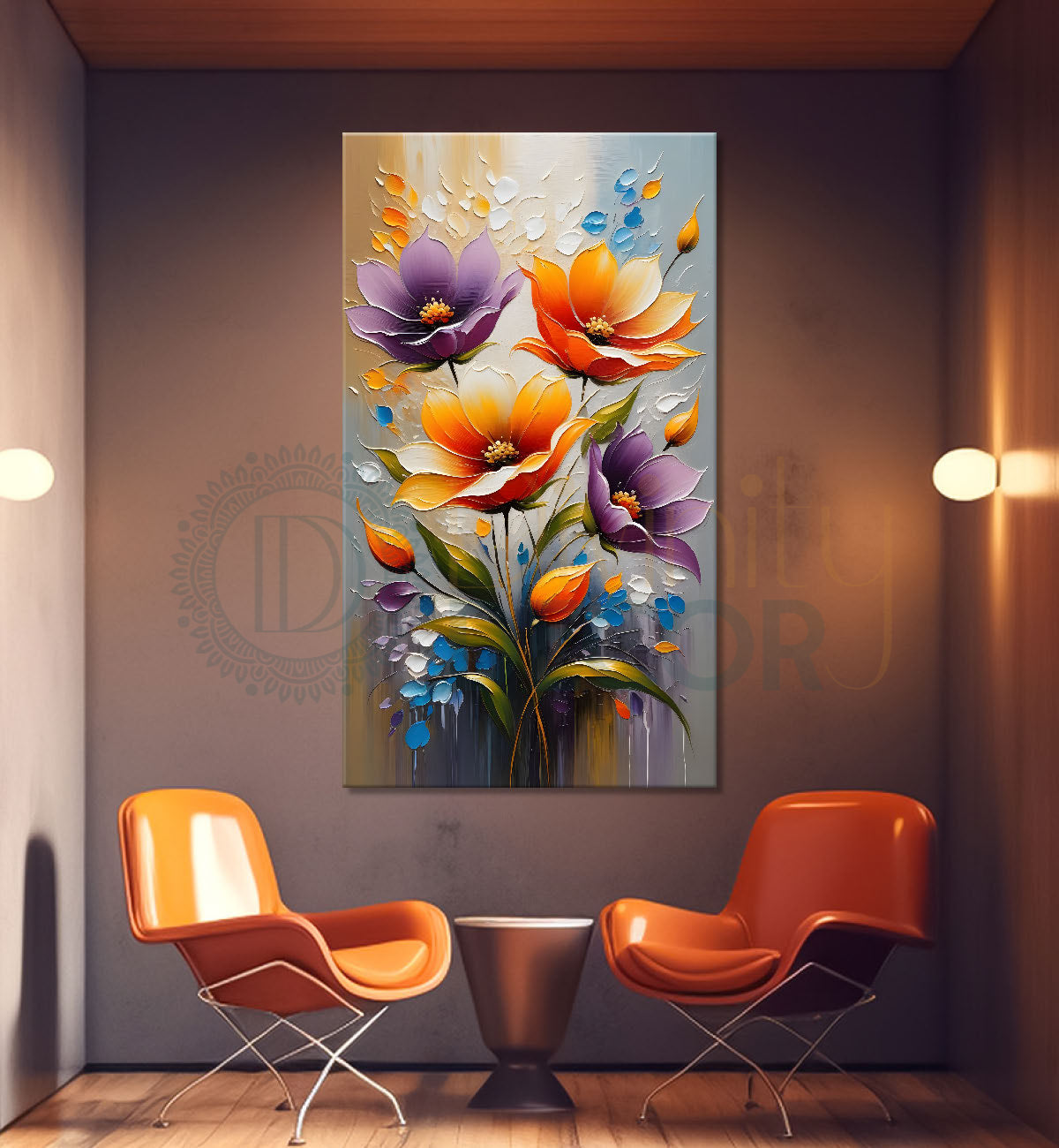 Colourful flowers in grey textured background painting - Flower-V-92