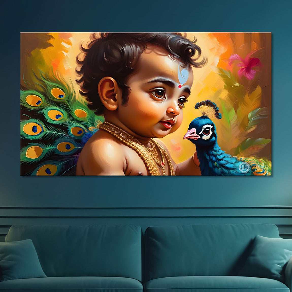 Little Krishna with peacock painting Canvas Painting - Design - Krishna-93