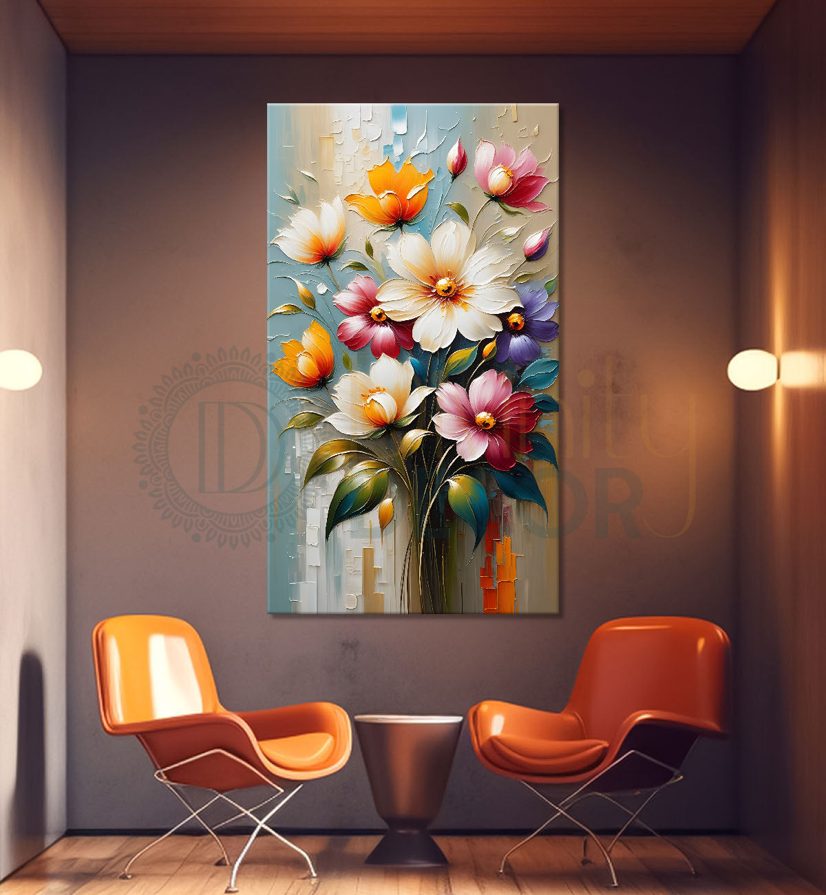 Colourful flowers in grey textured background painting - Flower-V-93