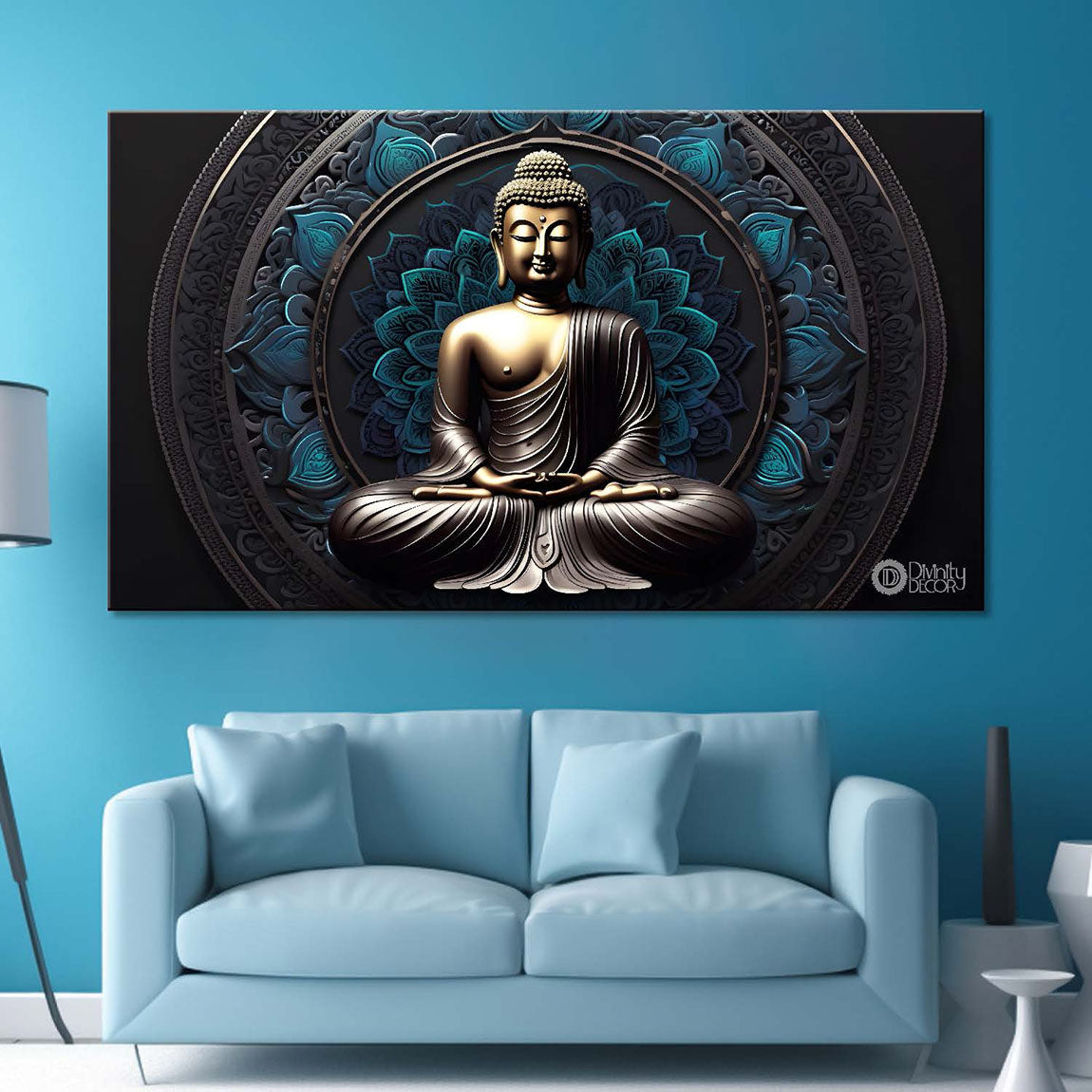 Golden buddha with blue textured painting Canvas Wall Painting - Buddha-93