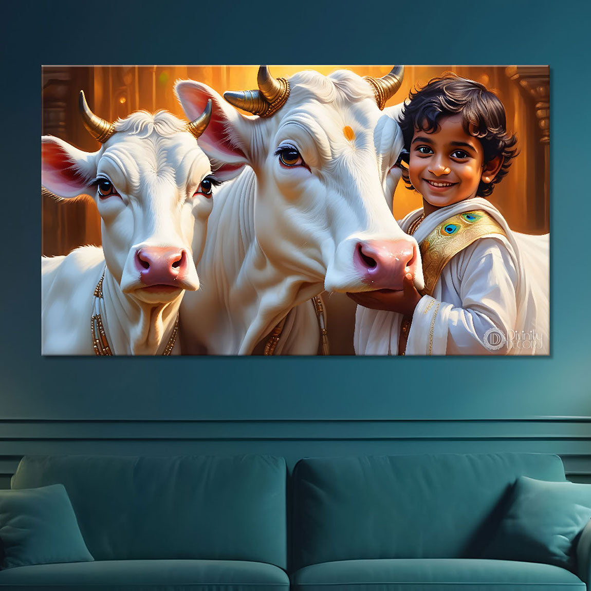 Little Krishna with cows painting Canvas Painting - Design - Krishna-94