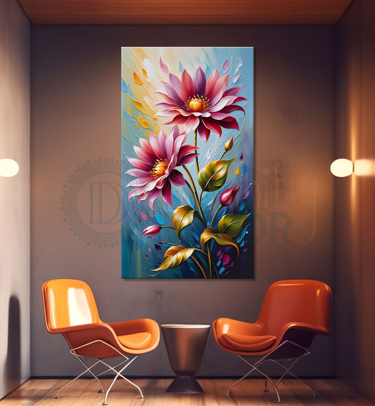 Pink flowers in blue textured background painting- Flower-V-94