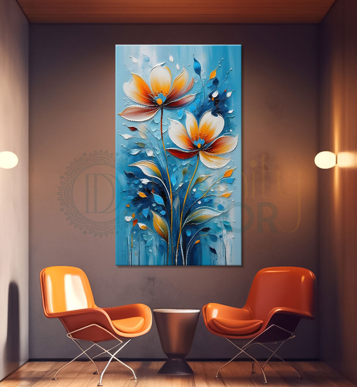 Orange flowers in blue textured background painting - Flower-V-95
