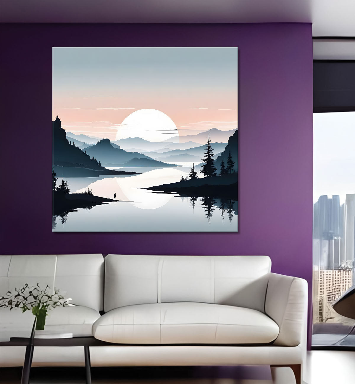 Mountains with sun and trees water colour painting   24X24  - Nature Art -S-95