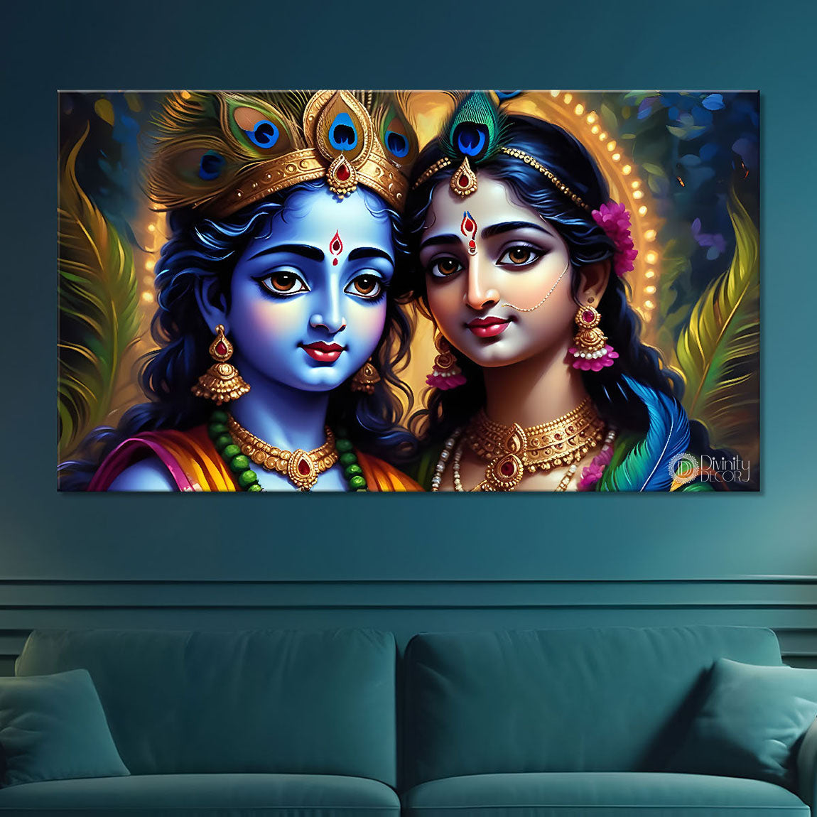 Blue face Krishna and Radha with grey painting Canvas Painting - Design - Krishna-96