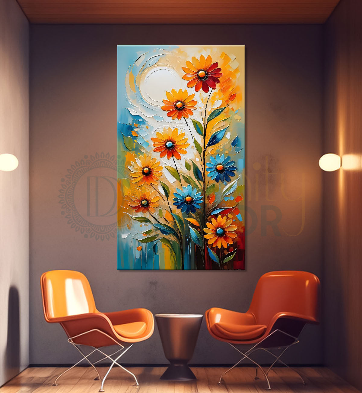 Orange flowers with sun textured painting - Flower-V-96