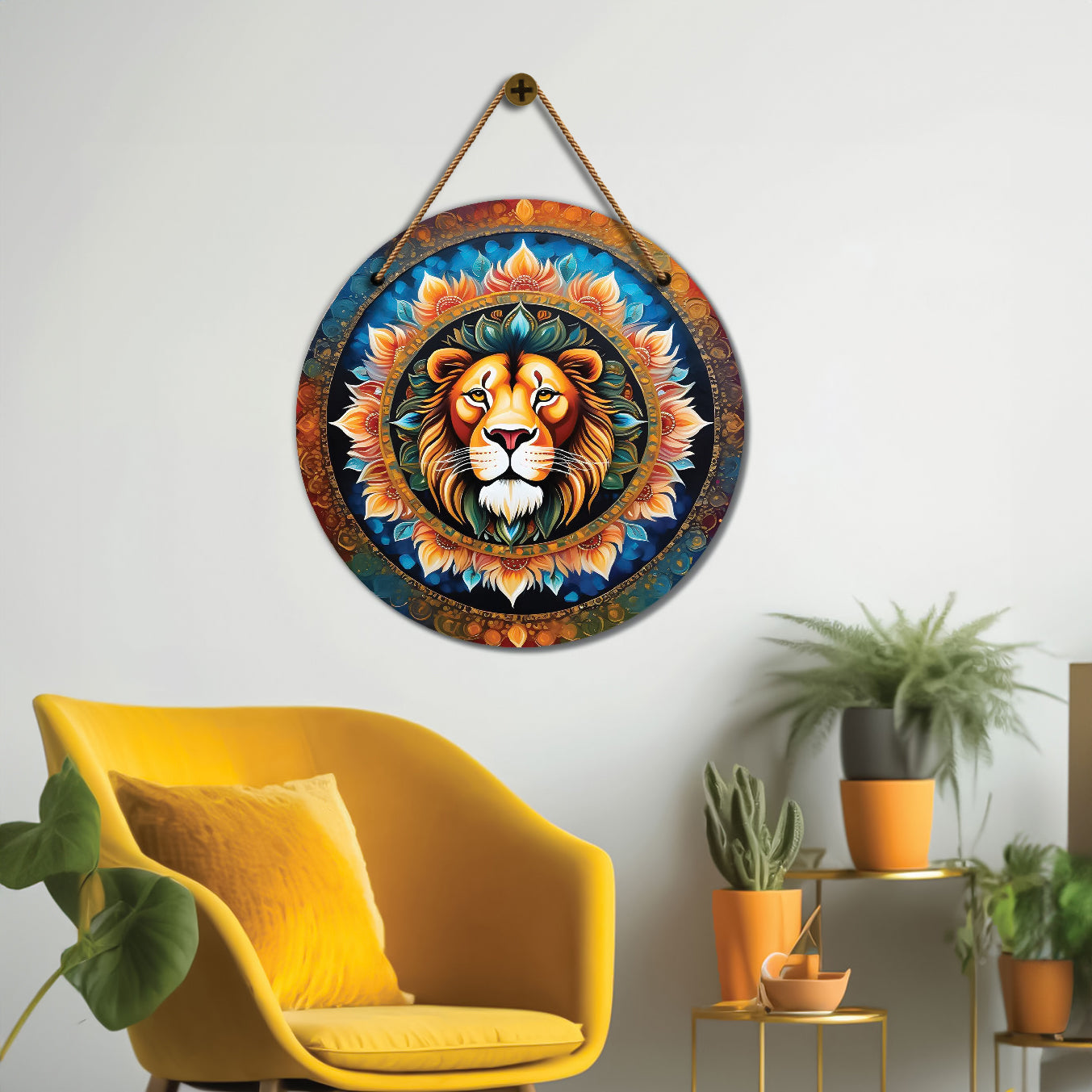 Lion in yellow and blue mandala Round Wooden Wall Hanging for wall Décor - Design - 96