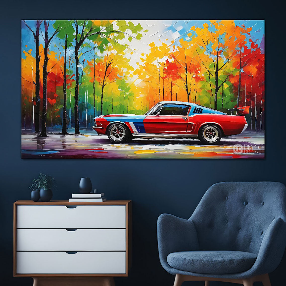 Colorful tree with red car on road in textured painting Canvas Painting - Nature Art -96