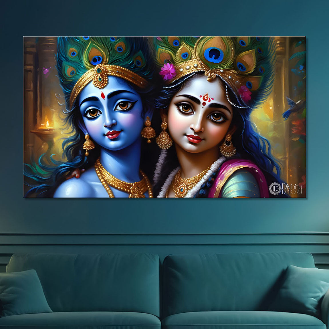Blue face Krishna and Radha with yellow painting Canvas Painting - Design - Krishna-97