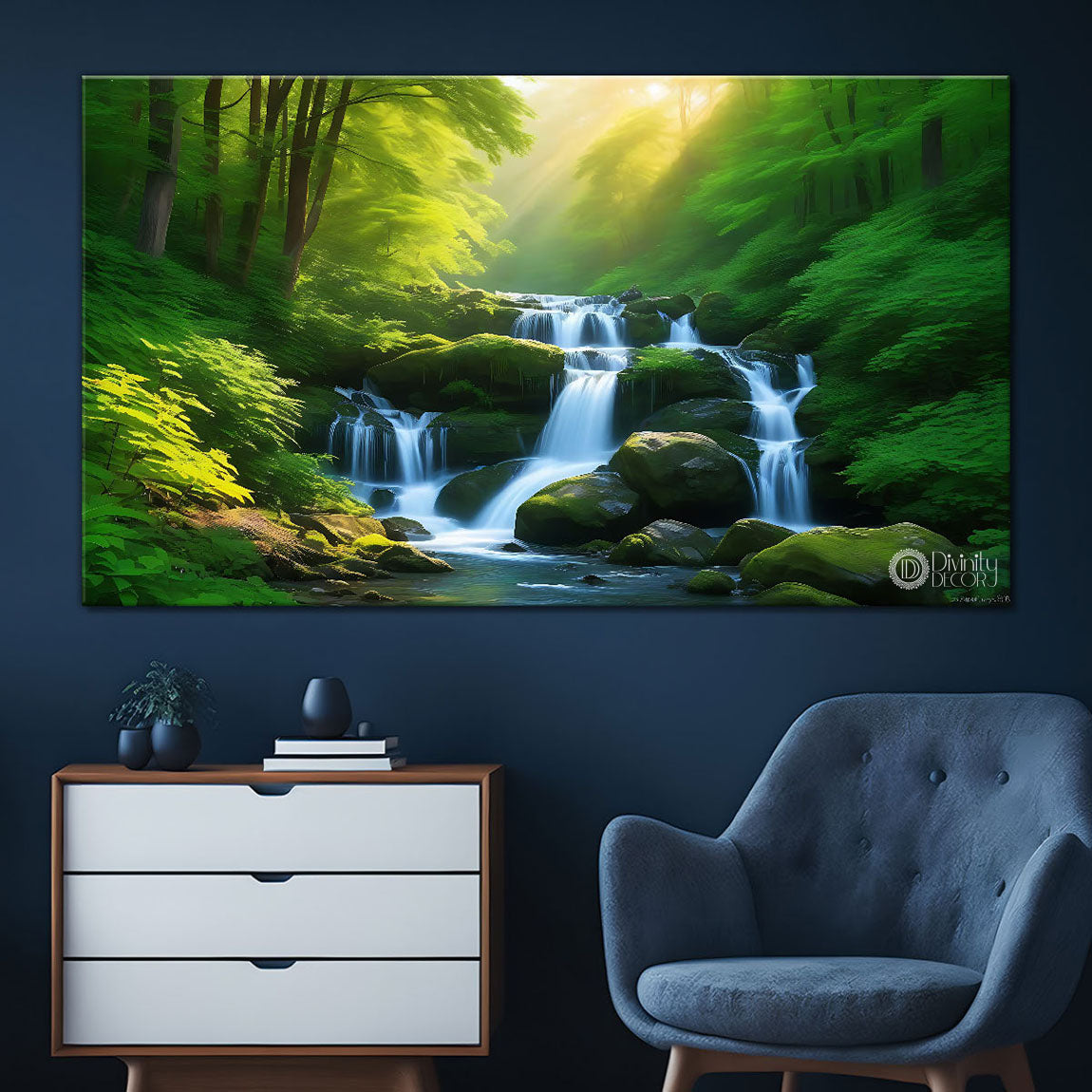 Waterfall on stones with greenery in textured painting Canvas Painting - Nature Art -97