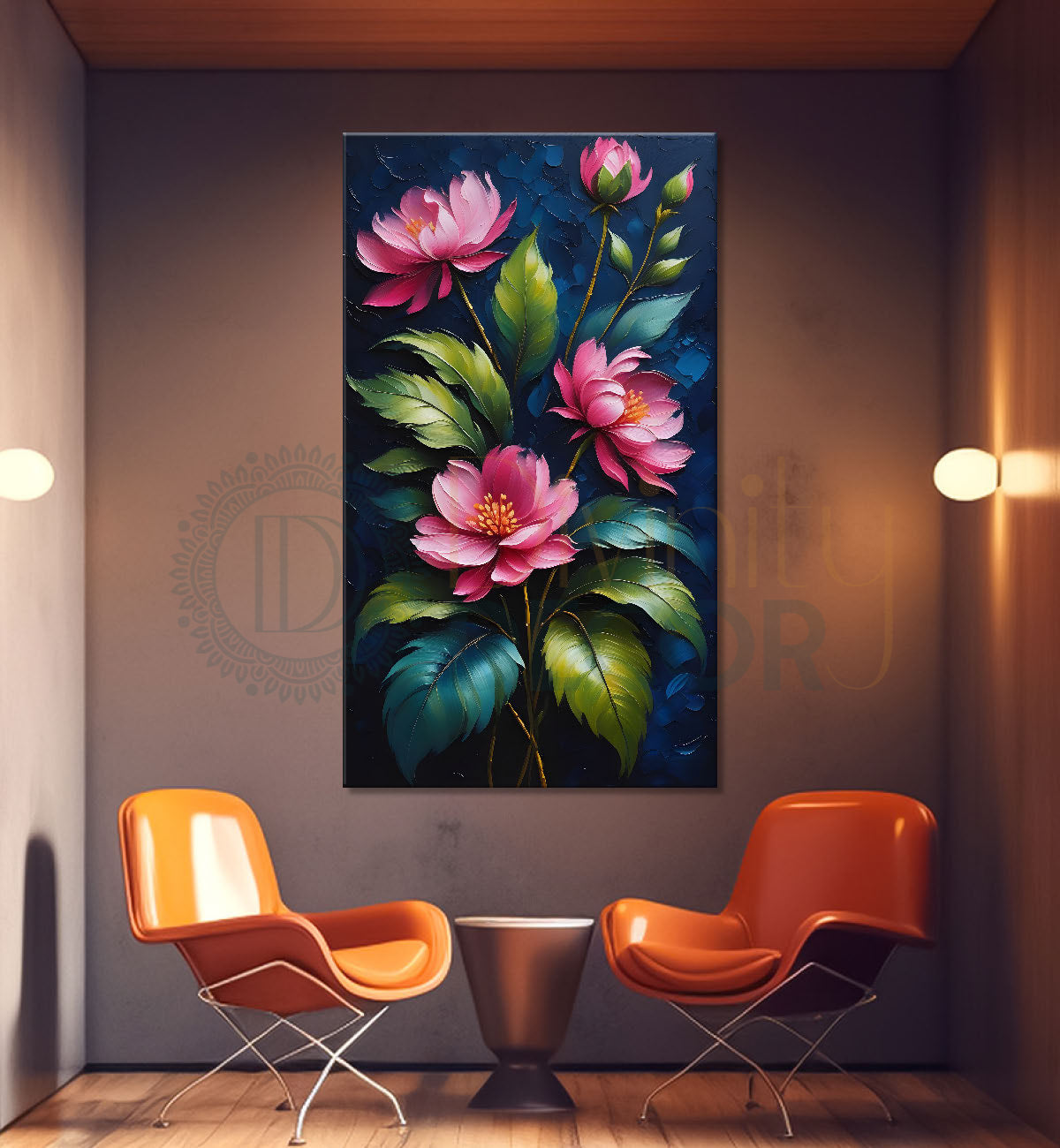 Pink flowers in navy blue textured background painting - Flower-V-97