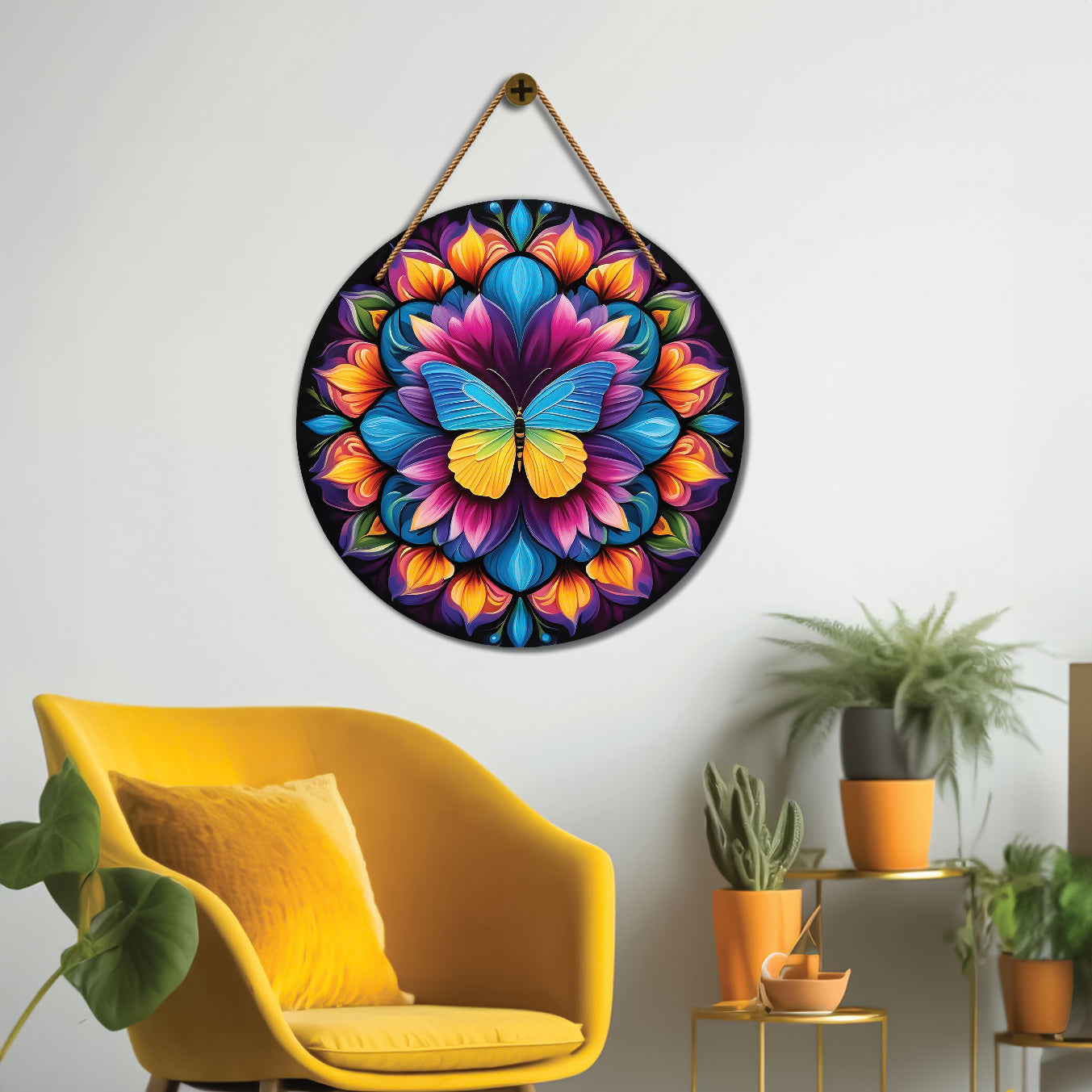 Butterfly in orange and blue mandala Round Wooden Wall Hanging for wall Décor - Design - 97