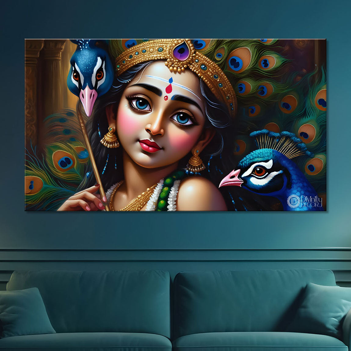 Little Krishna with peacock painting Canvas Painting - Design - Krishna-98