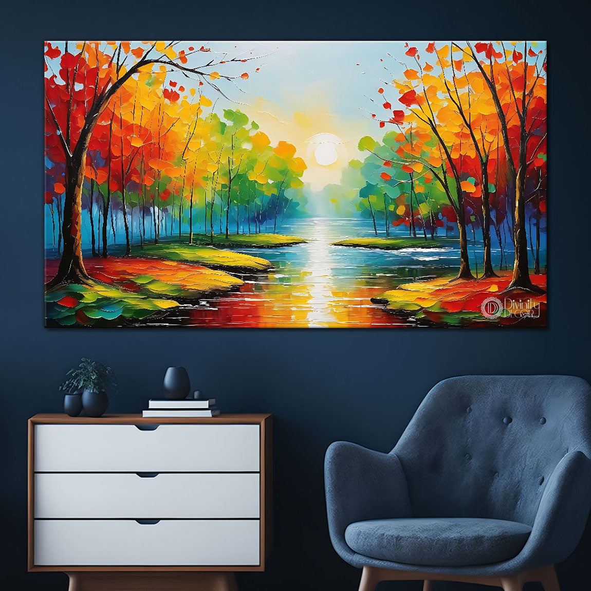 Colorful trees with lake in textured natural painting Canvas Painting - Nature Art -98
