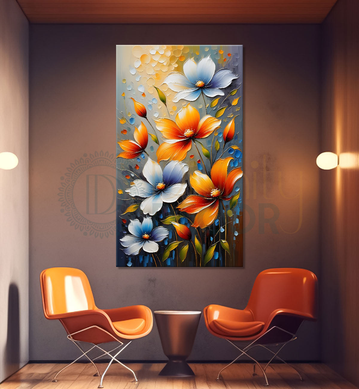 Orange and blue flowers in textured painting - Flower-V-98