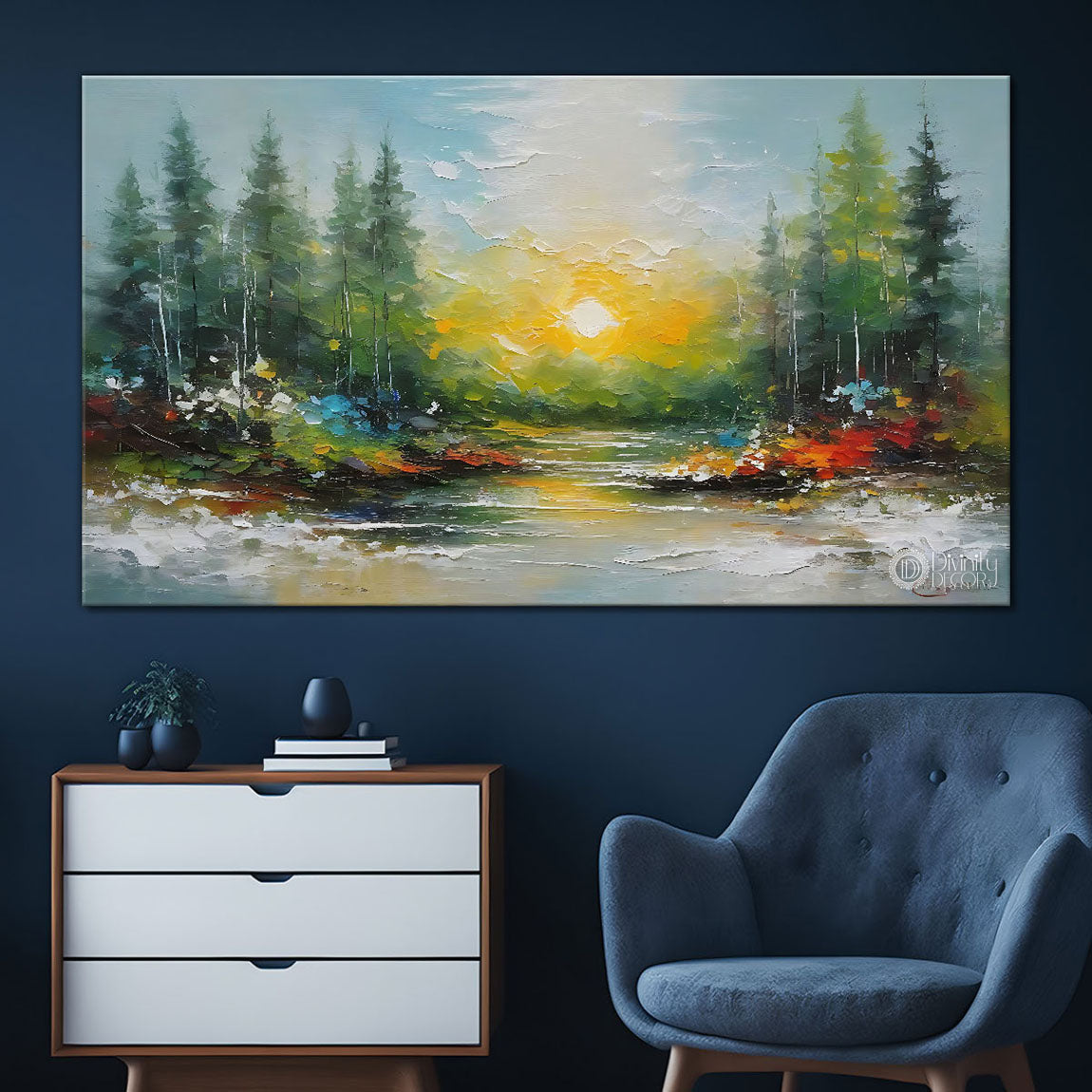 Trees with sunrise and lake in textured water color painting Canvas Painting - Nature Art -99