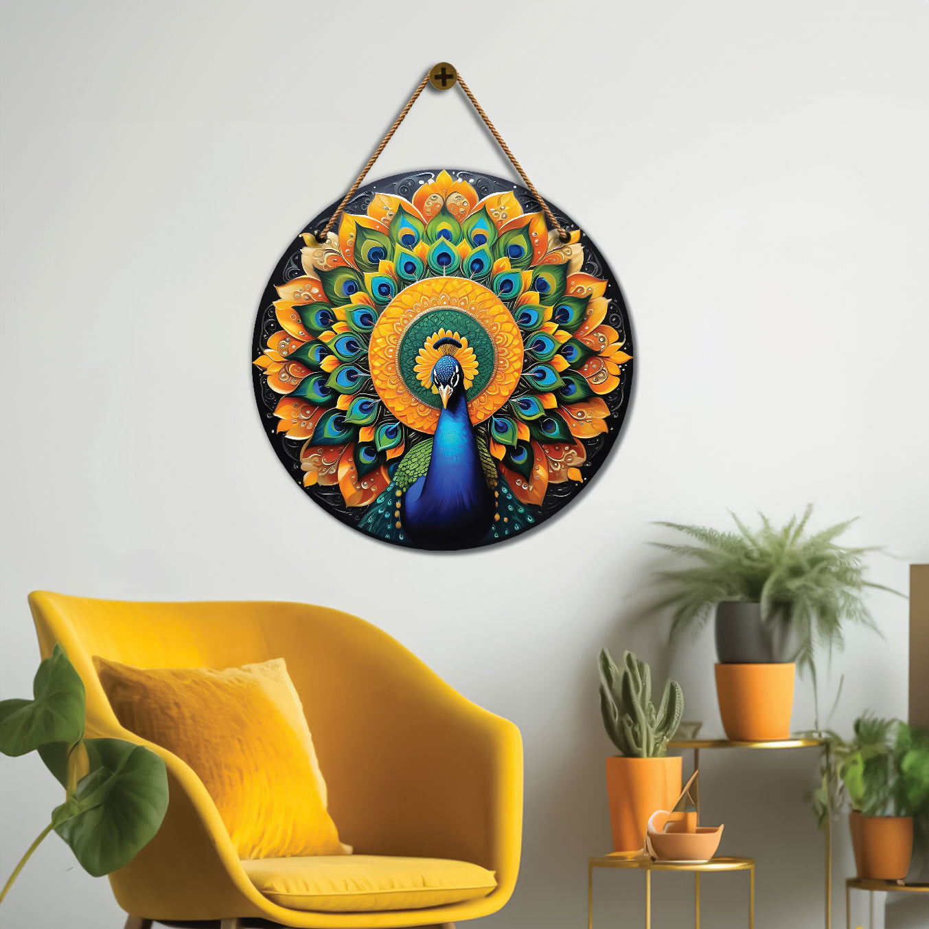 Peacock in green and yellow mandala Round Wooden Wall Hanging for wall Décor - Design - 99