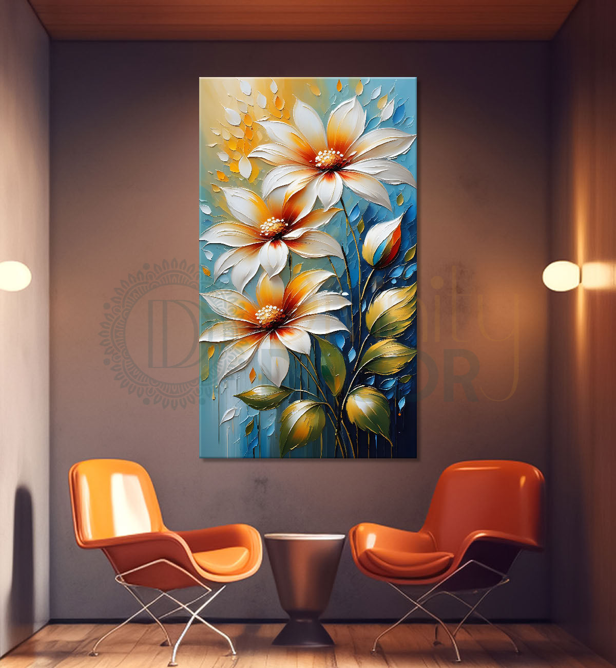 White flowers in blue textured background painting - Flower-V-99