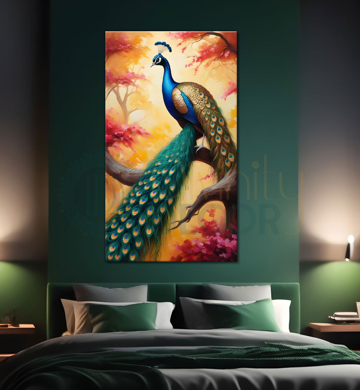 Peacock on branch with bright background modenr art  - Design - Peacock-V-9