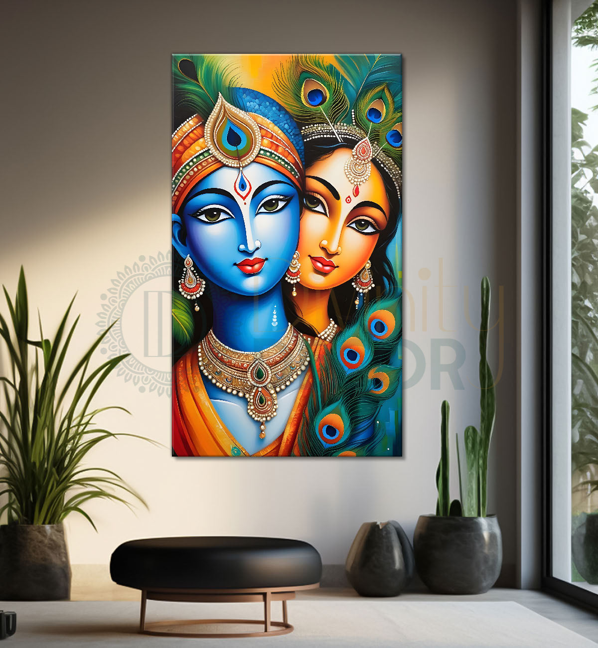 Blue face of krishna with radha in peacock feathers background textured art Canvas Painting - Design - Krishna-V-9