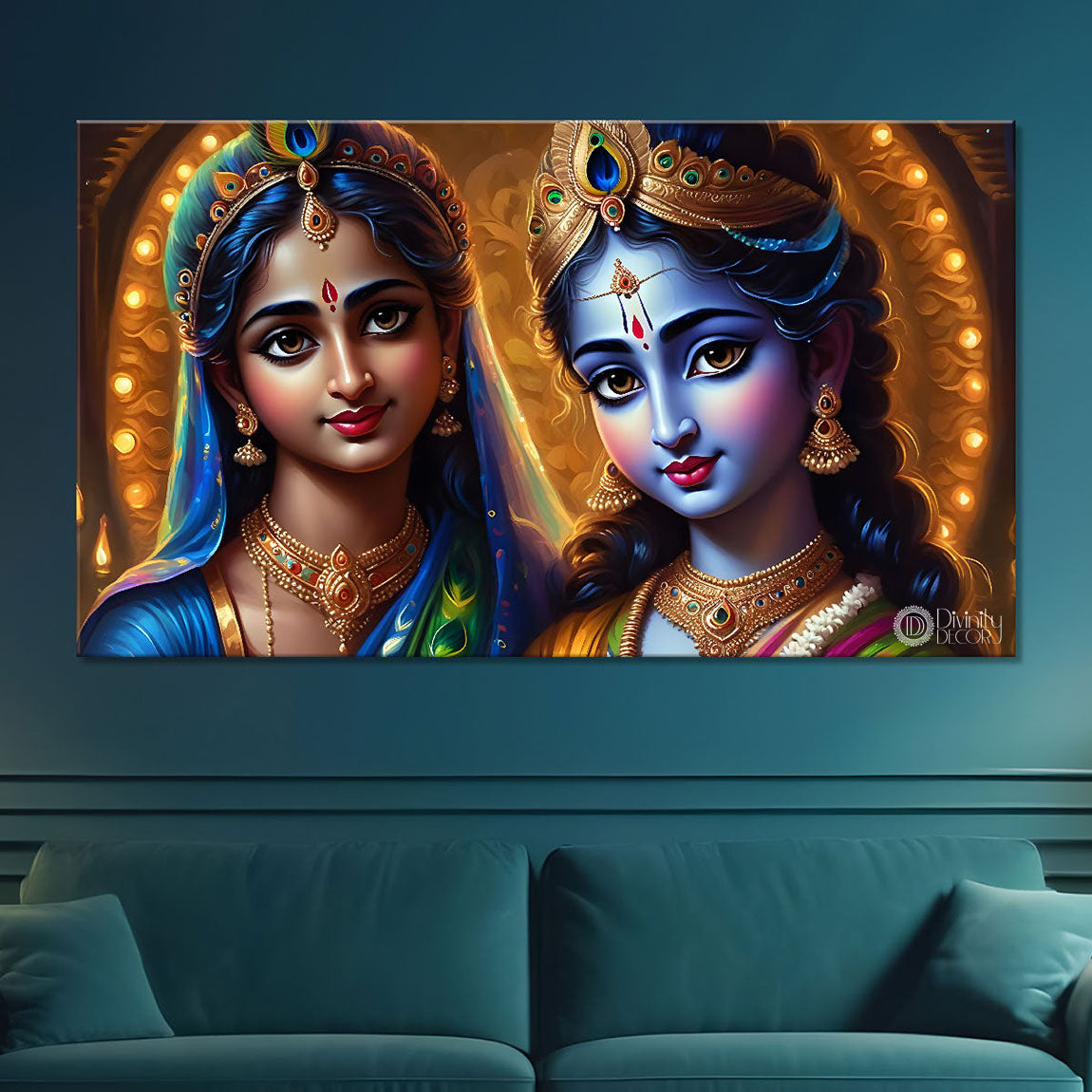Blue face Krishna and Radha with yellow painting Canvas Painting - Design - Krishna-100