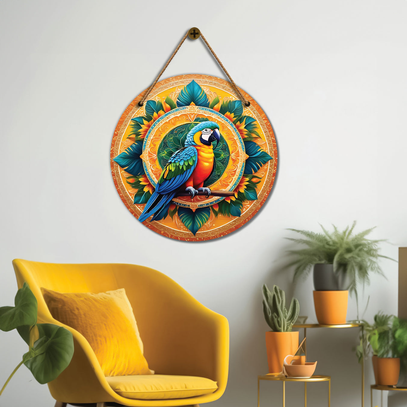Parrot in green and yellow mandala Round Wooden Wall Hanging for wall Décor - Design - 100