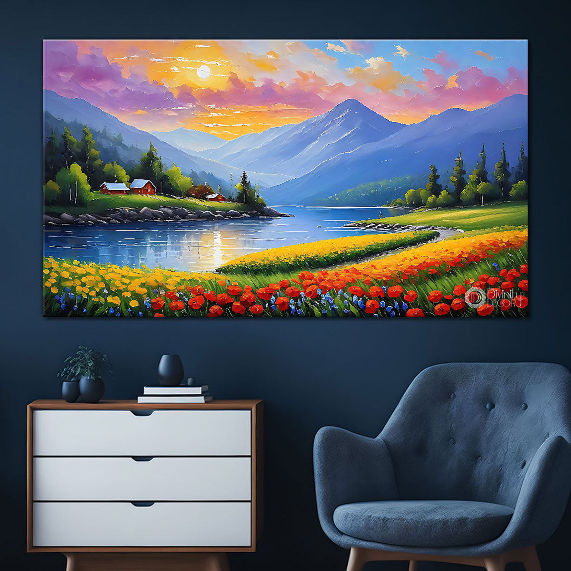 Mountains with river and flowers with sunset view textured painting Canvas Painting - Nature Art -100