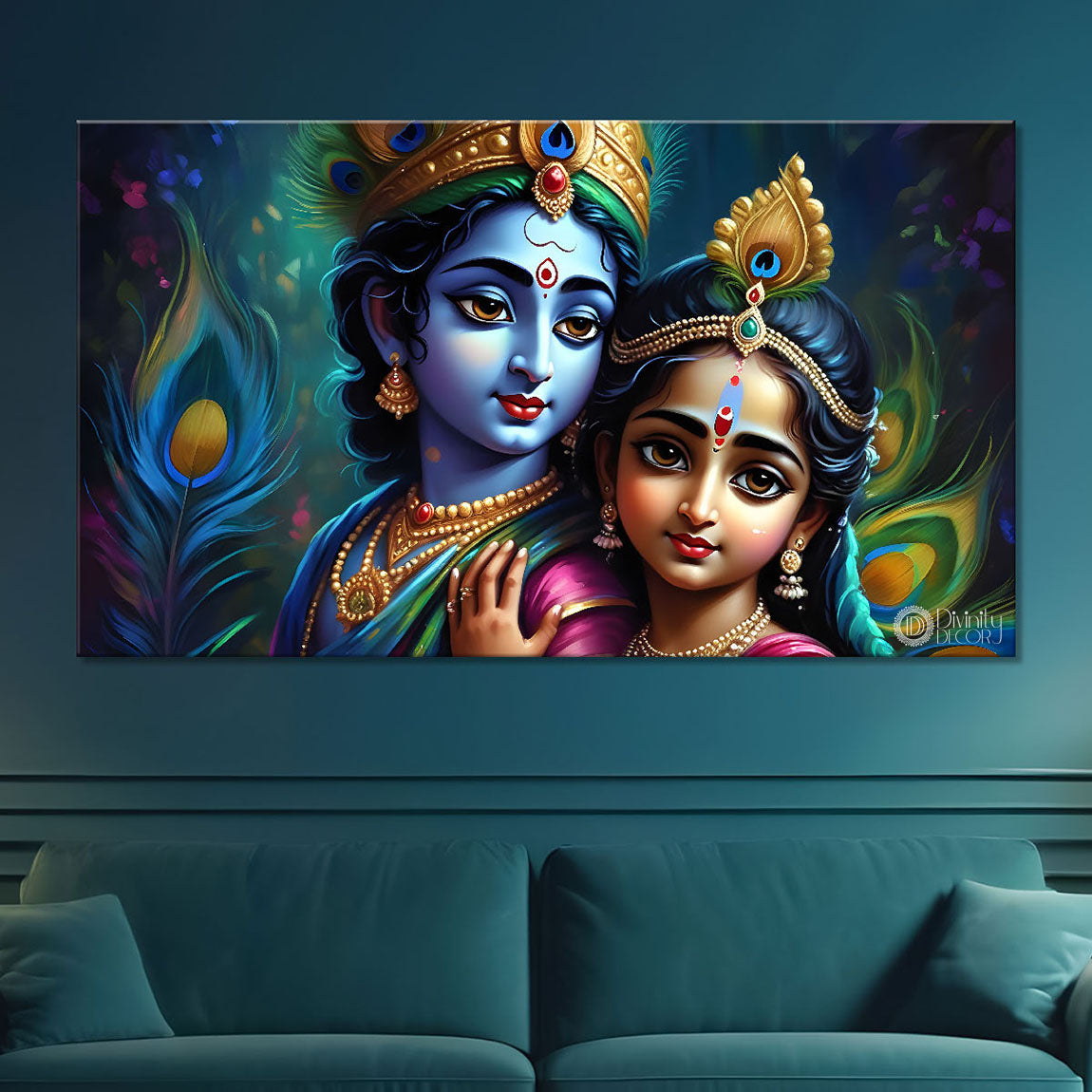 Little Krishna and Radha with peacock feathers painting Canvas Painting - Design - Krishna-101