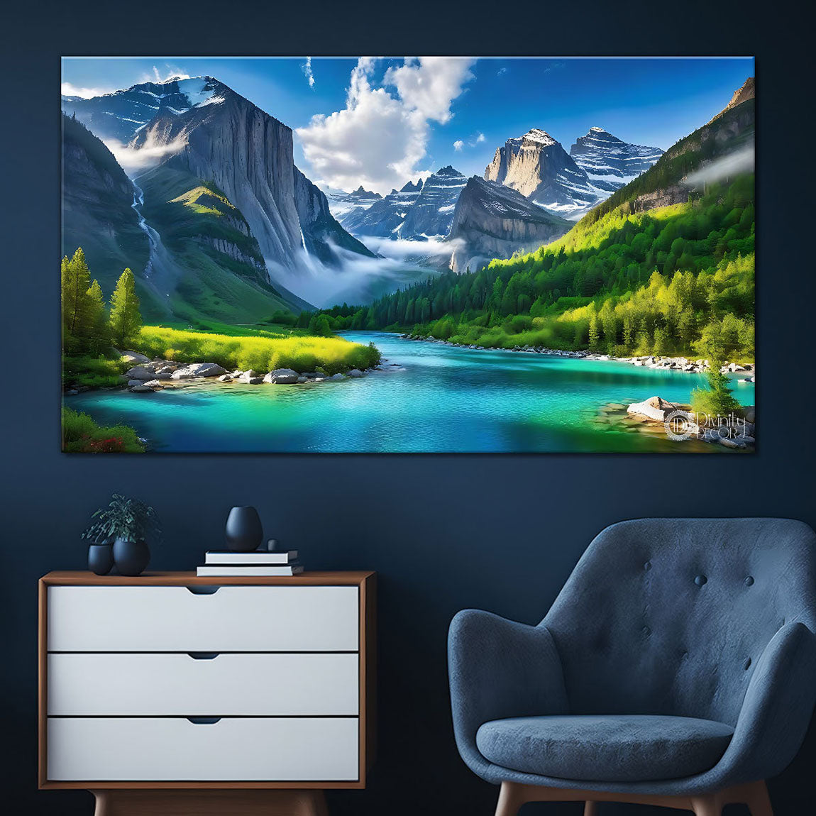 Mountains with river and cloudy sky in textured painting Canvas Painting - Nature Art -101