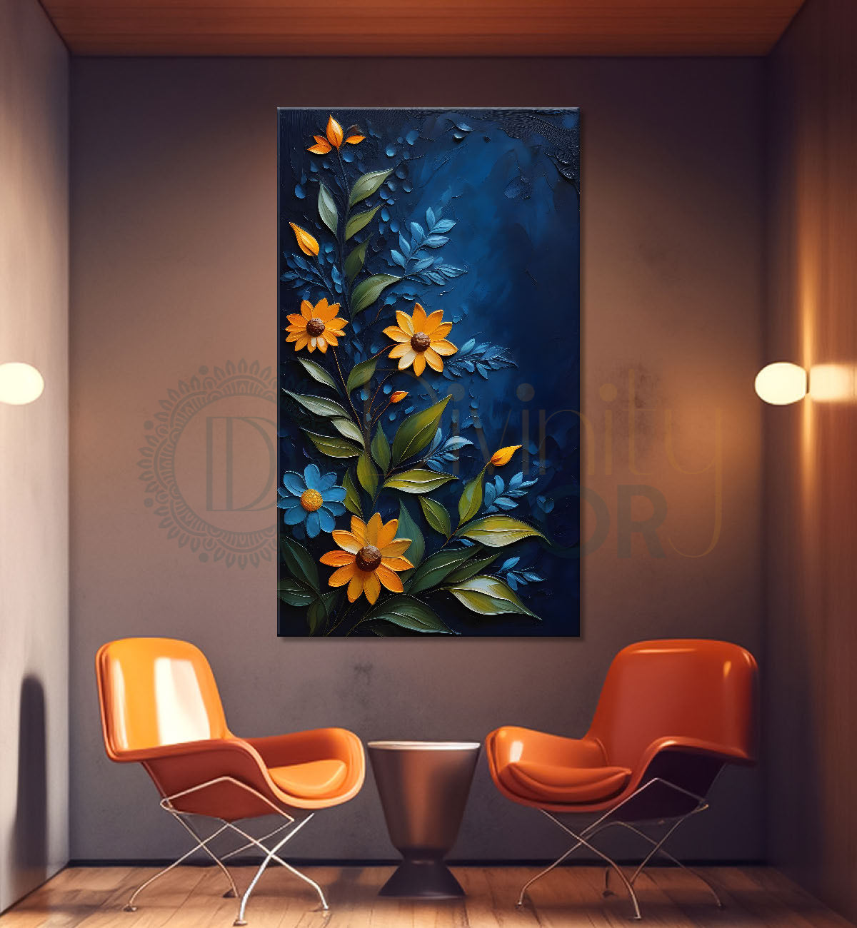 Yellow flowers in navy blue textured background painting- Flower-V-101